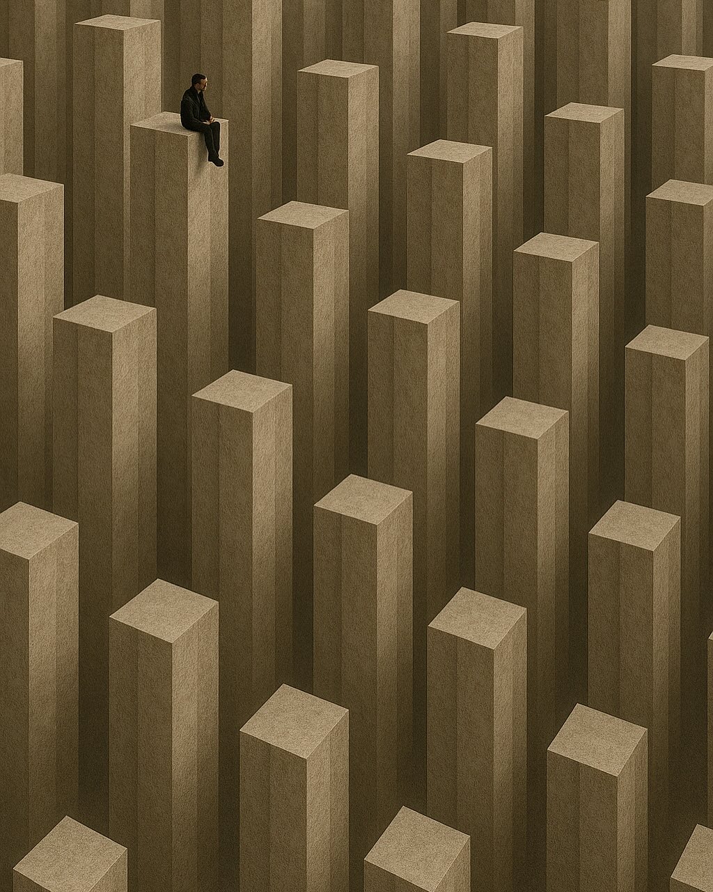 Conceptual image of a man seated on a block, surrounded by many tall, rectangular blocks in shades of beige and brown, creating a repetitive pattern.