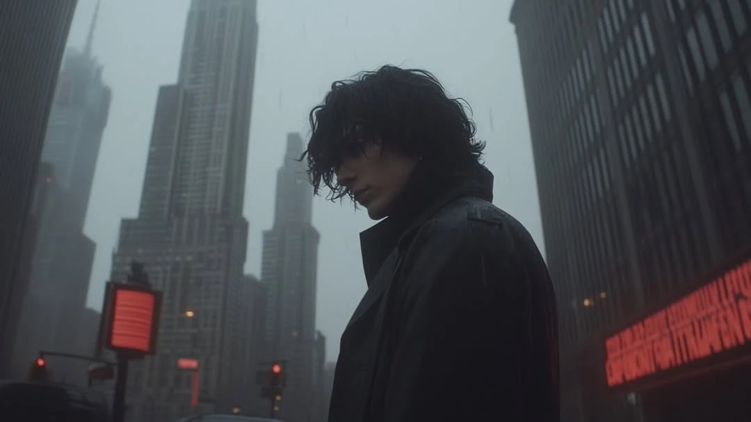 A solitary figure stands in a rain-soaked city street, surrounded by towering buildings and a gray sky, creating a somber and moody scene.