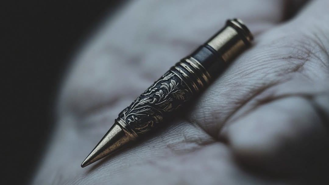 Close-up of an ornately engraved brass bullet resting on a human palm, with blurred dark background creating a dramatic focus.