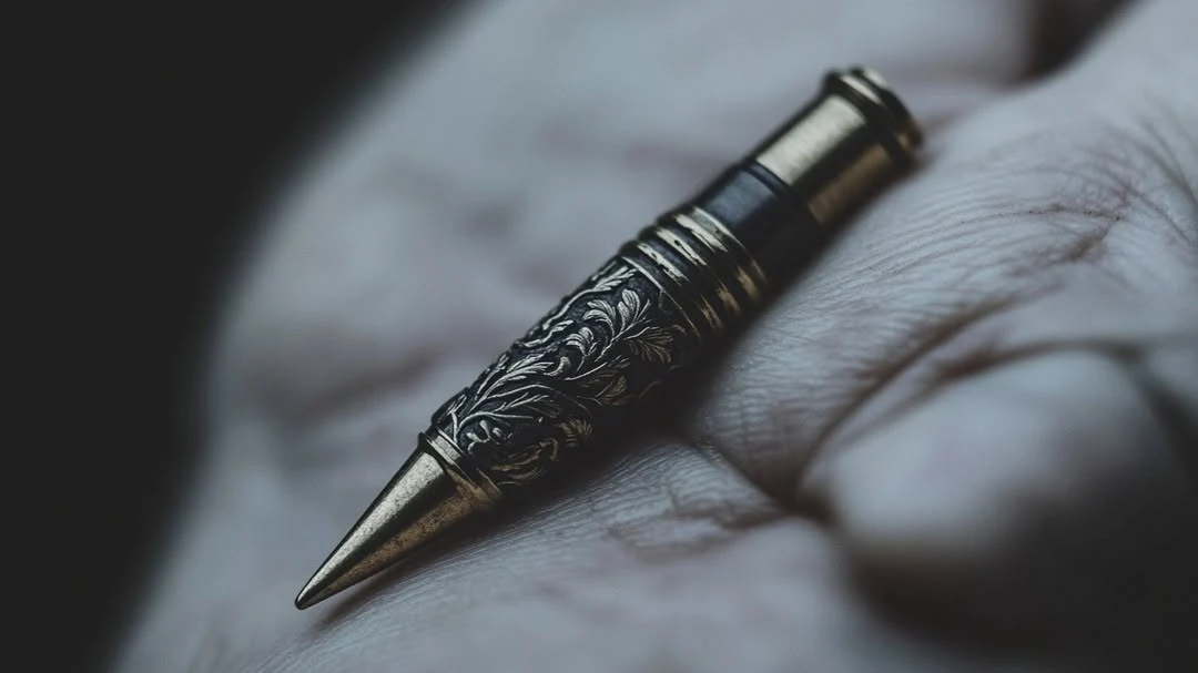 Close-up of an ornately engraved brass bullet resting on a human palm, with blurred dark background creating a dramatic focus.