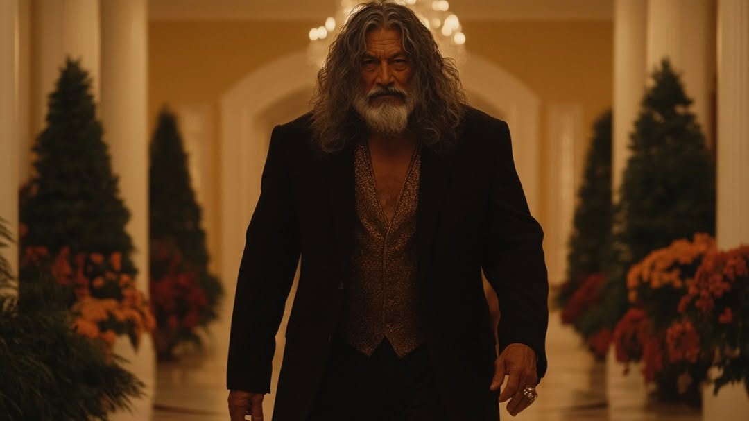 Elderly man with long gray hair, wearing a dark suit and gold vest, walks confidently through a grand hallway with columns and plants.