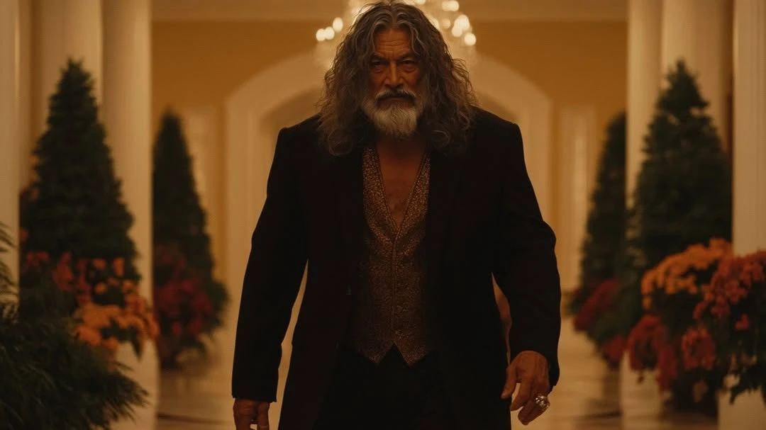 Elderly man with long gray hair, wearing a dark suit and gold vest, walks confidently through a grand hallway with columns and plants.