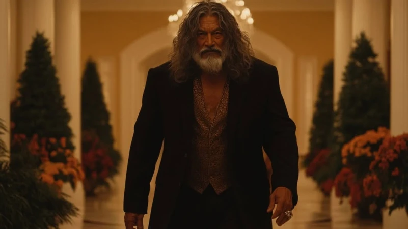 Elderly man with long gray hair, wearing a dark suit and gold vest, walks confidently through a grand hallway with columns and plants.