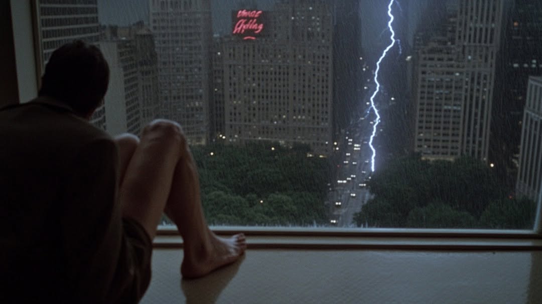 Barefoot adult gazes from a window as lightning strikes near distant skyscrapers in an urban cityscape at night during a rainstorm.