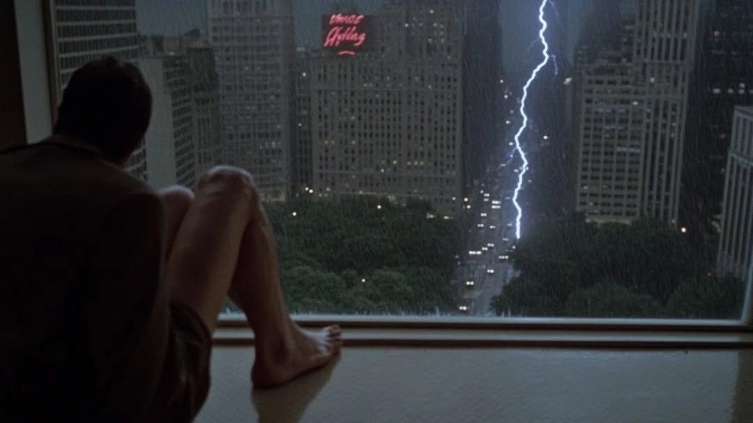 Barefoot adult gazes from a window as lightning strikes near distant skyscrapers in an urban cityscape at night during a rainstorm.