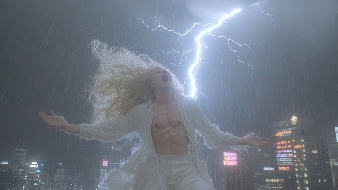 Dramatic image of a person standing in the rain with arms outstretched as lightning strikes, set against a cityscape backdrop.