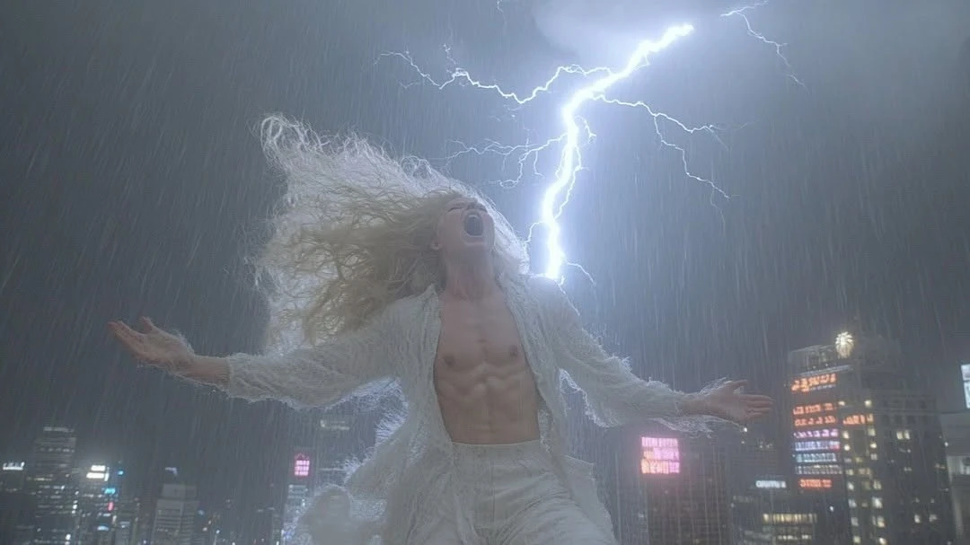 Dramatic image of a person standing in the rain with arms outstretched as lightning strikes, set against a cityscape backdrop.