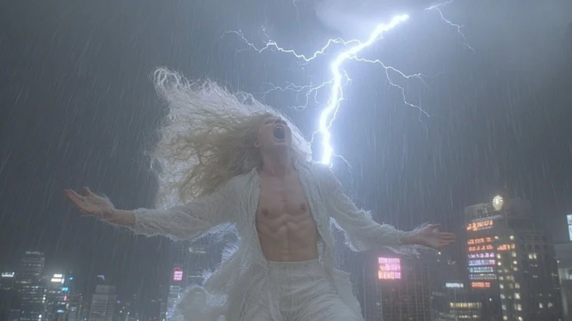 Dramatic image of a person standing in the rain with arms outstretched as lightning strikes, set against a cityscape backdrop.