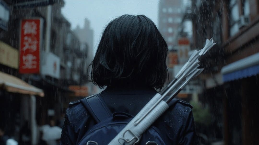 Woman with short black hair walks on a wet street with a quiver and arrows on her back in an urban setting; buildings in background.