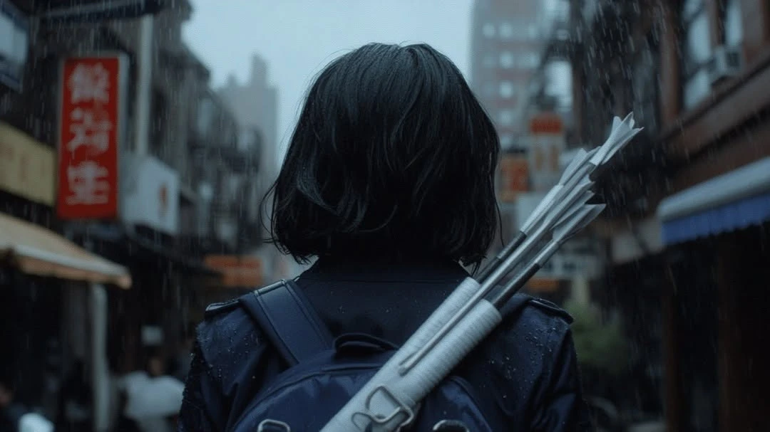 Woman with short black hair walks on a wet street with a quiver and arrows on her back in an urban setting; buildings in background.