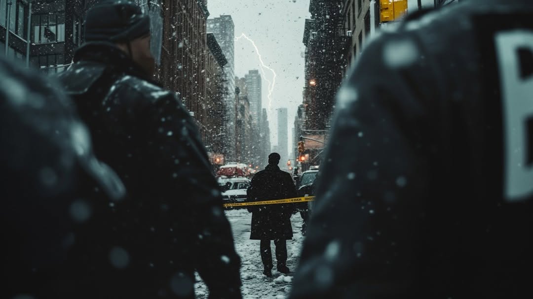 An urban street scene in winter with city buildings, snow, and a distant figure walking away. Law enforcement figures are standing guard.