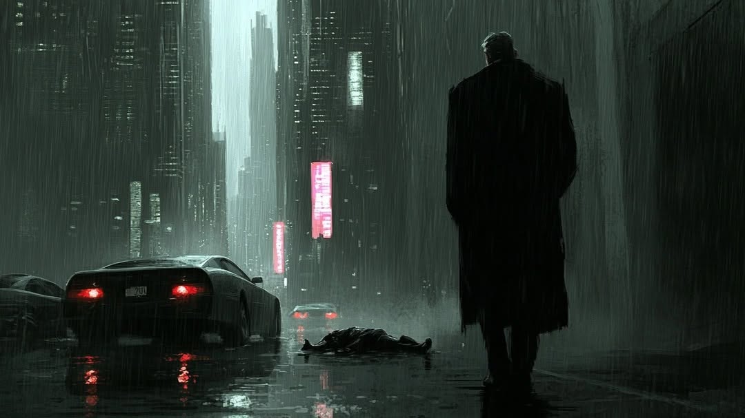 Dark, rainy cityscape with a person in a coat standing over a body, with cars and illuminated buildings visible in the background.