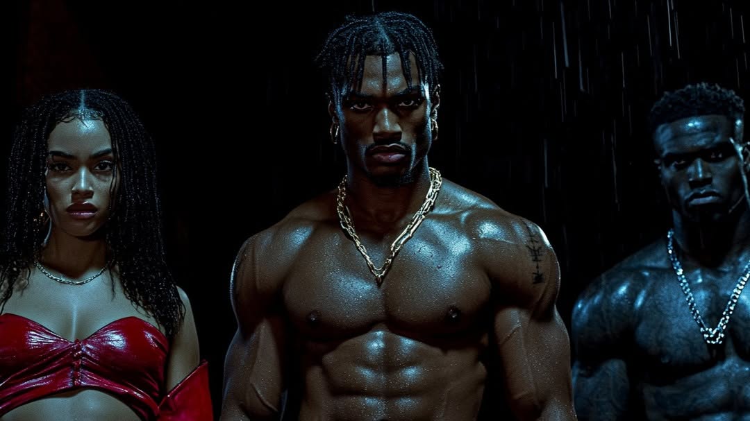 Dramatic studio shot of muscular man with gold chain, flanked by two other people in a dark, high-contrast scene with simulated rain.