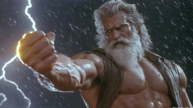 A muscular older adult male with a long white beard and chest exposed clenches a fist as lightning strikes in the background.