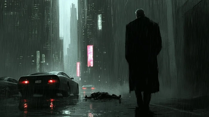 A dark figure in a long coat walks away down a rain-soaked city street past a parked car with red taillights.