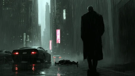 A dark figure in a long coat walks away down a rain-soaked city street past a parked car with red taillights.