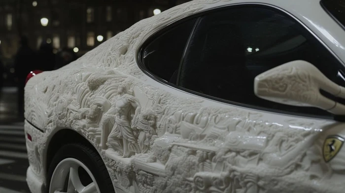 Close-up of a white sports car with intricate classical sculpted relief carvings across its body panels.