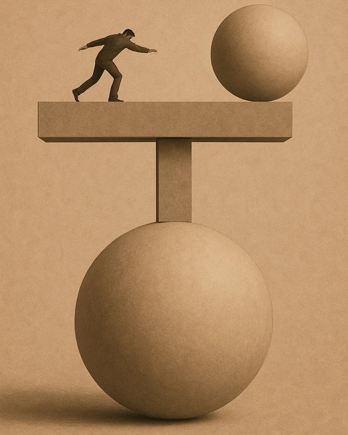 A tiny man walking on a balanced platform poised on top of a large sphere against a textured beige background.