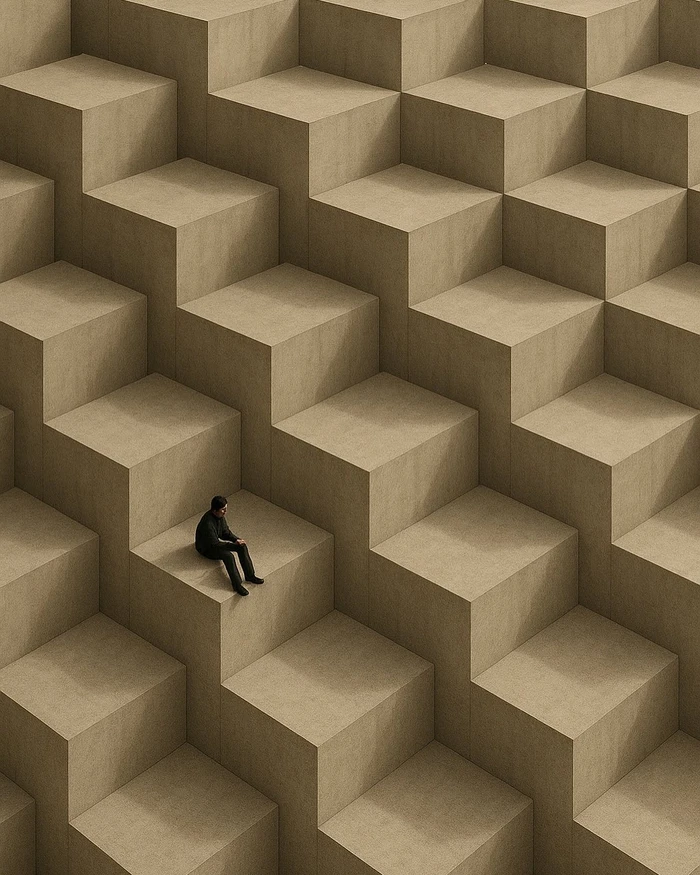 A lone person sitting on a giant geometric concrete step amidst a massive terraced grid structure