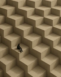 A lone person sitting on a giant geometric concrete step amidst a massive terraced grid structure