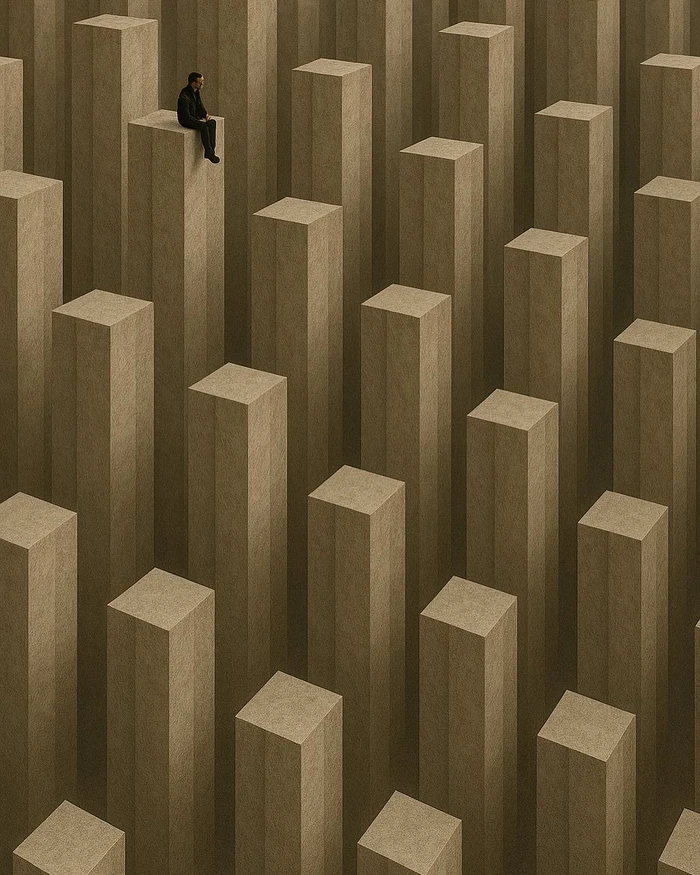 A lone man sits on the edge of a tall rectangular pillar among a vast grid of towering stone monoliths.