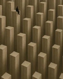 A lone man sits on the edge of a tall rectangular pillar among a vast grid of towering stone monoliths.