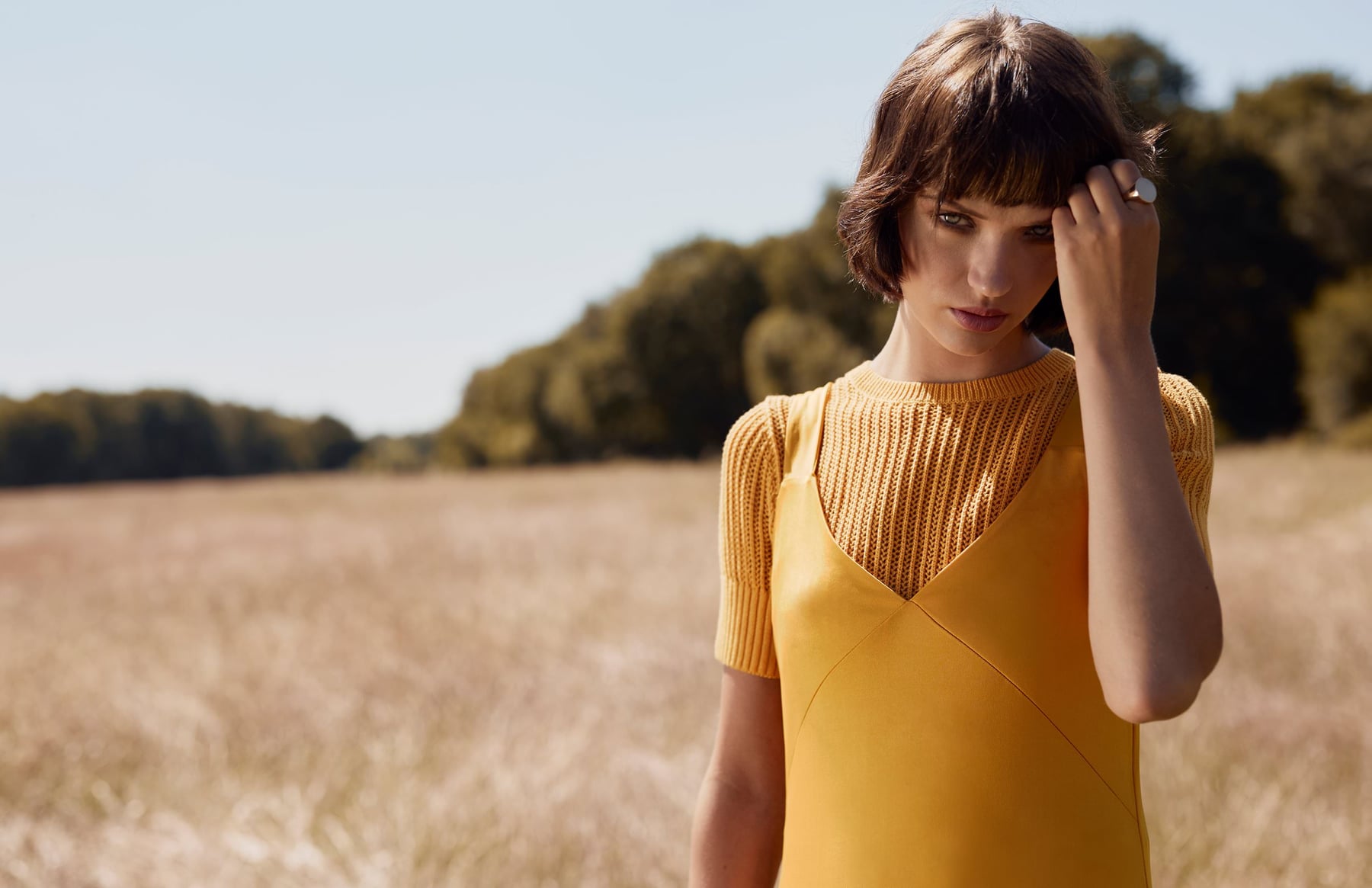 Brunette woman in yellow dress poses in sunlit field with trees in background. Fashion, portrait, outdoor, style, nature, beauty concept.