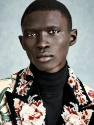 Close-up portrait of a Black male model wearing a black turtleneck and an embroidered floral jacket against a textured blue backdrop.