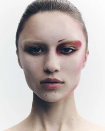 Close-up portrait of a woman with bleached eyebrows and striking red and black editorial makeup against a white backdrop.