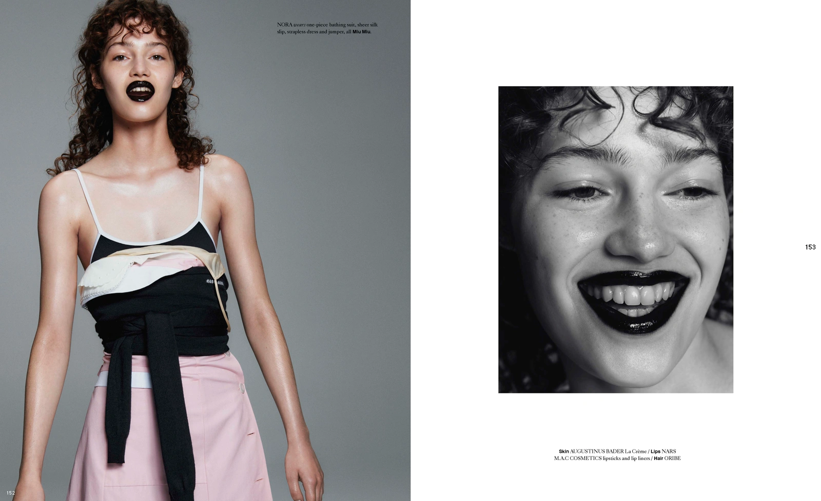 Model with dark lipstick wearing layered straps and a pink skirt against a grey background, next to a close-up portrait.