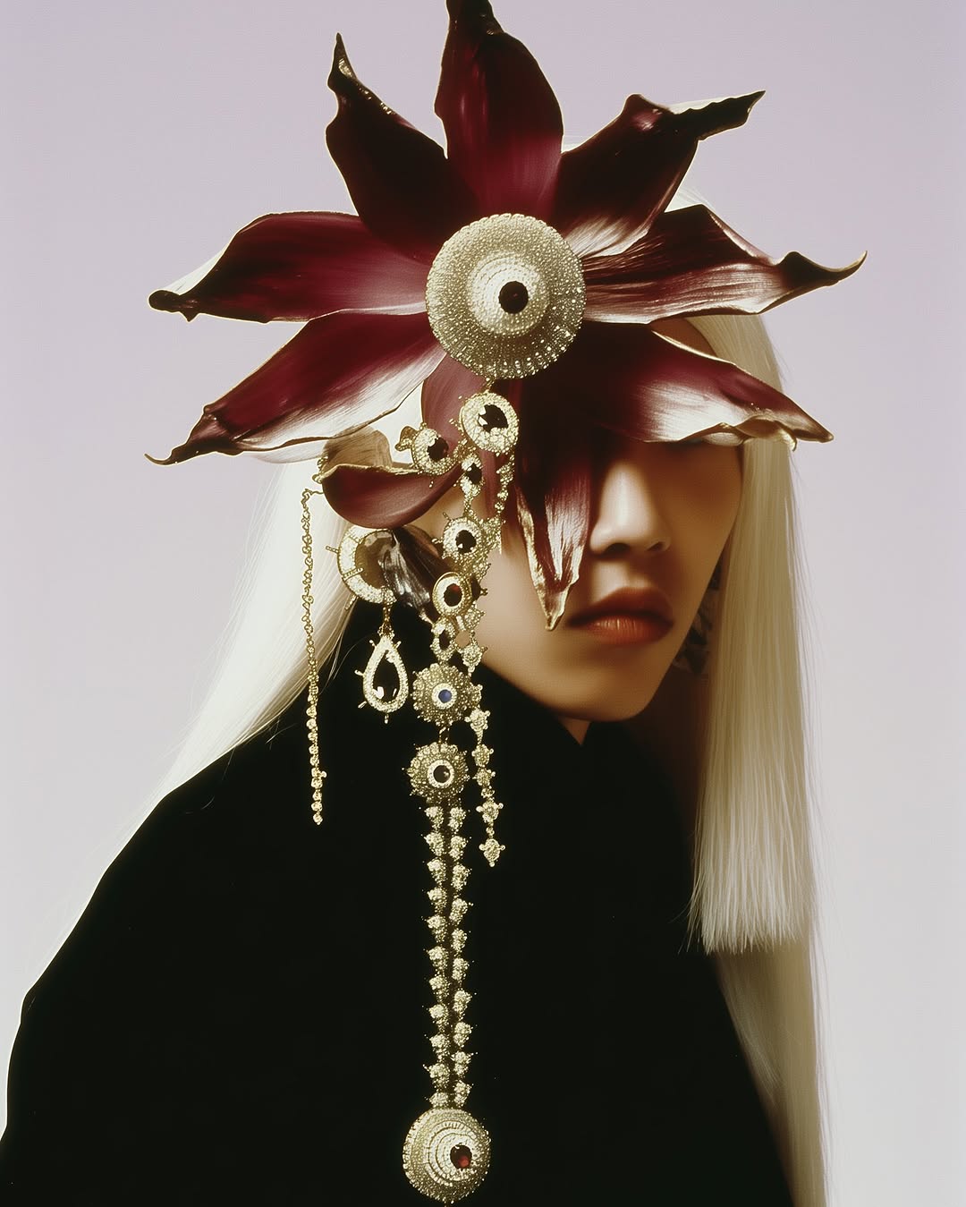 Close-up studio portrait of an Asian model with platinum blonde hair, large flower headpiece, and black top against a light background.