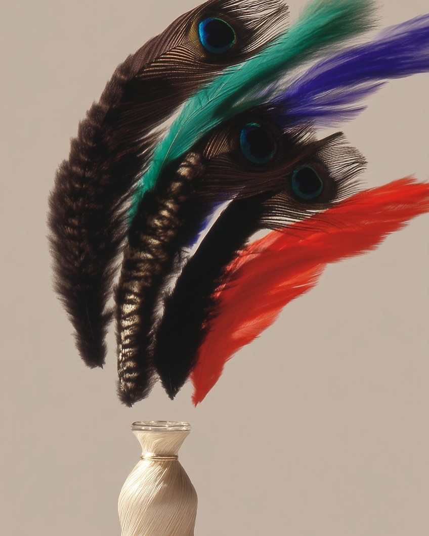 A decorative vase is displayed beneath an array of vibrant feathers in hues of brown, green, blue, and red against a neutral backdrop.