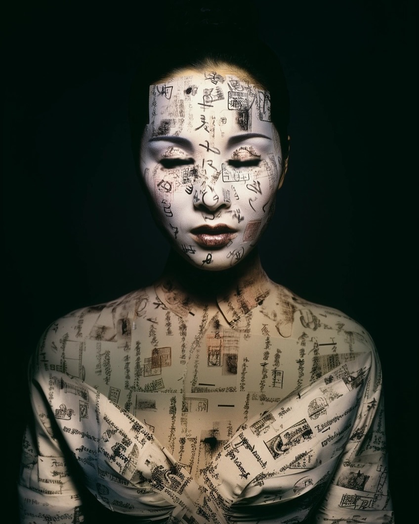 Woman with closed eyes and writing on her face and body stands against a dark background in a beauty or fashion image.