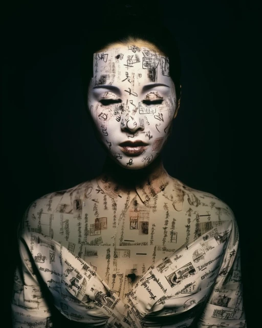 Woman with closed eyes and writing on her face and body stands against a dark background in a beauty or fashion image.