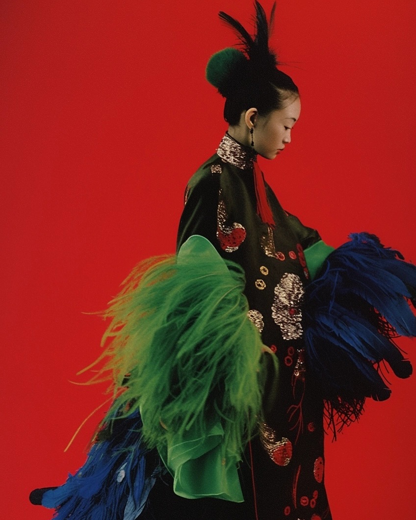 Profile portrait of an Asian woman in an embellished green dress with feather accents against a vibrant red backdrop in a studio setting.