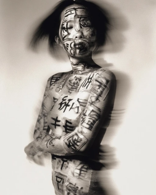 Artistic nude portrait of an adult female covered in black ink characters, eyes closed, against a soft white background in blurred motion.