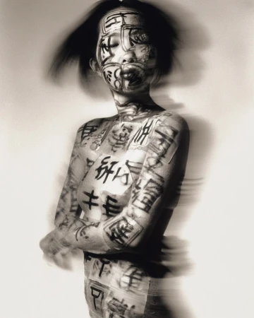 Artistic nude portrait of an adult female covered in black ink characters, eyes closed, against a soft white background in blurred motion.