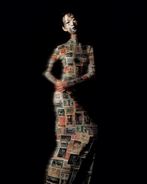 Fashion portrait of a slender Asian model in a body-con dress and full-face covering of postage stamps, posed in front of a dark backdrop.