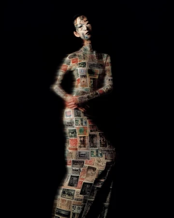Fashion portrait of a slender Asian model in a body-con dress and full-face covering of postage stamps, posed in front of a dark backdrop.