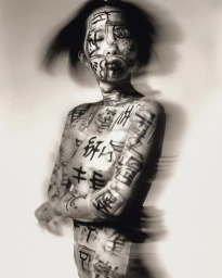 Portrait of a woman with motion blur covered in black calligraphy markings by X Machina Flora against white