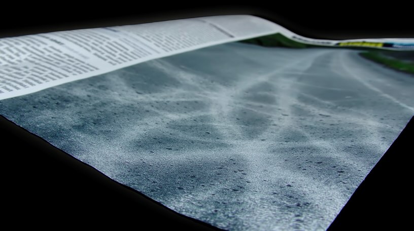 Close-up of a newspaper page featuring a road landscape, set against a stark black background.