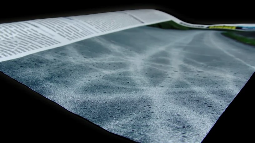 Close-up of a newspaper page featuring a road landscape, set against a stark black background.