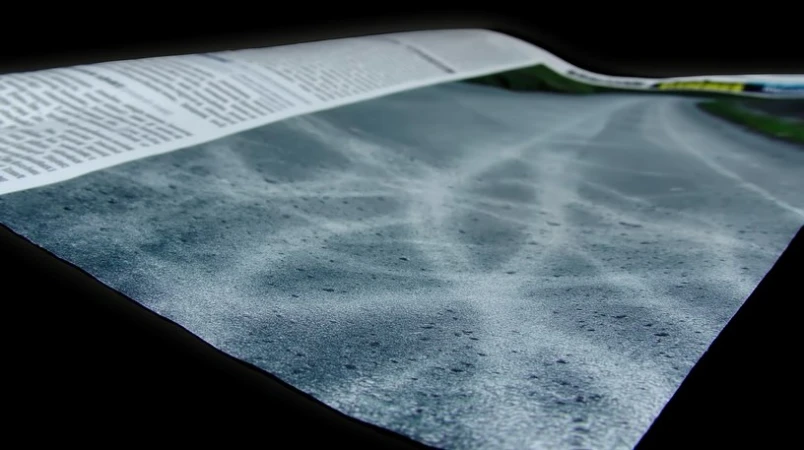 Close-up of a newspaper page featuring a road landscape, set against a stark black background.