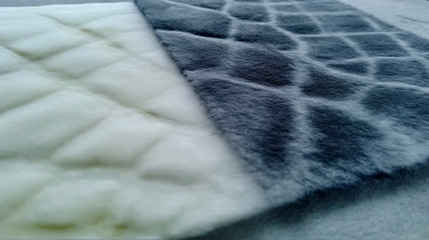 Close-up of two plush fabrics, one off-white with a diamond pattern and the other gray with a square grid pattern, soft texture.