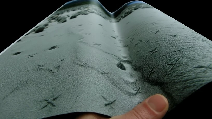 Monochrome photograph of a sandy beach scene with cross marks, held in a person's hand against a stark black backdrop.