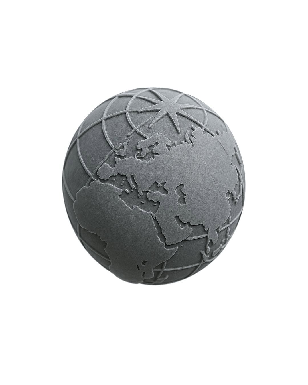 Grey globe showing Europe and Asia on a white background. The globe has raised continents and grid lines, and it is lit from above.