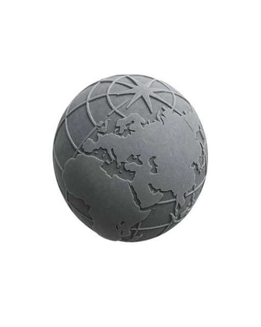 Grey globe showing Europe and Asia on a white background. The globe has raised continents and grid lines, and it is lit from above.