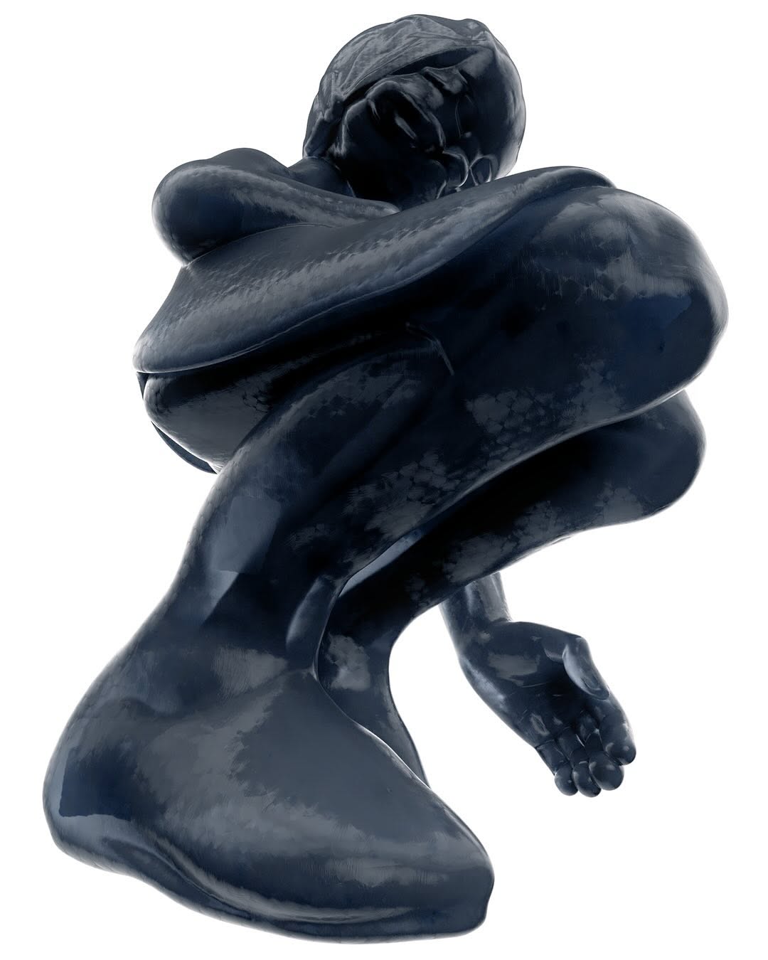 Monochromatic sculpture of a person hugging their knees in a fetal-like position. Dark blue color on a seamless white background.