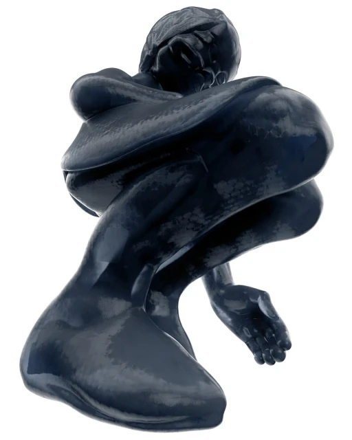 Monochromatic sculpture of a person hugging their knees in a fetal-like position. Dark blue color on a seamless white background.