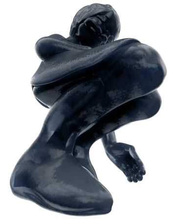 Monochromatic sculpture of a person hugging their knees in a fetal-like position. Dark blue color on a seamless white background.